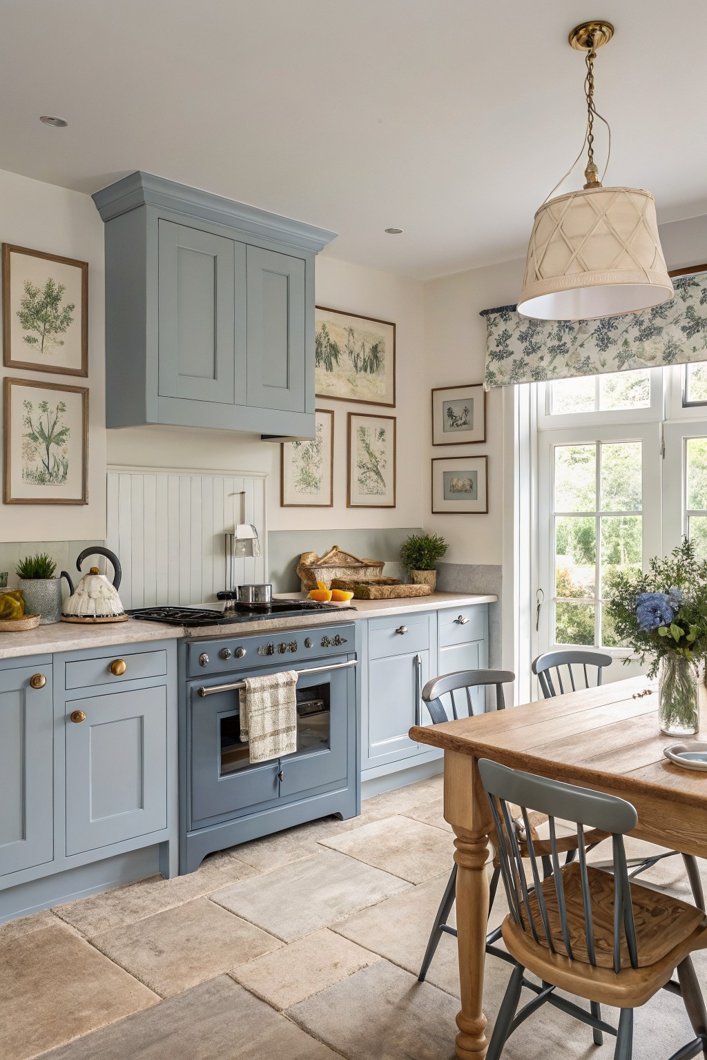 Blue kitchen with range oven, wooden table, chairs, and pendant light.