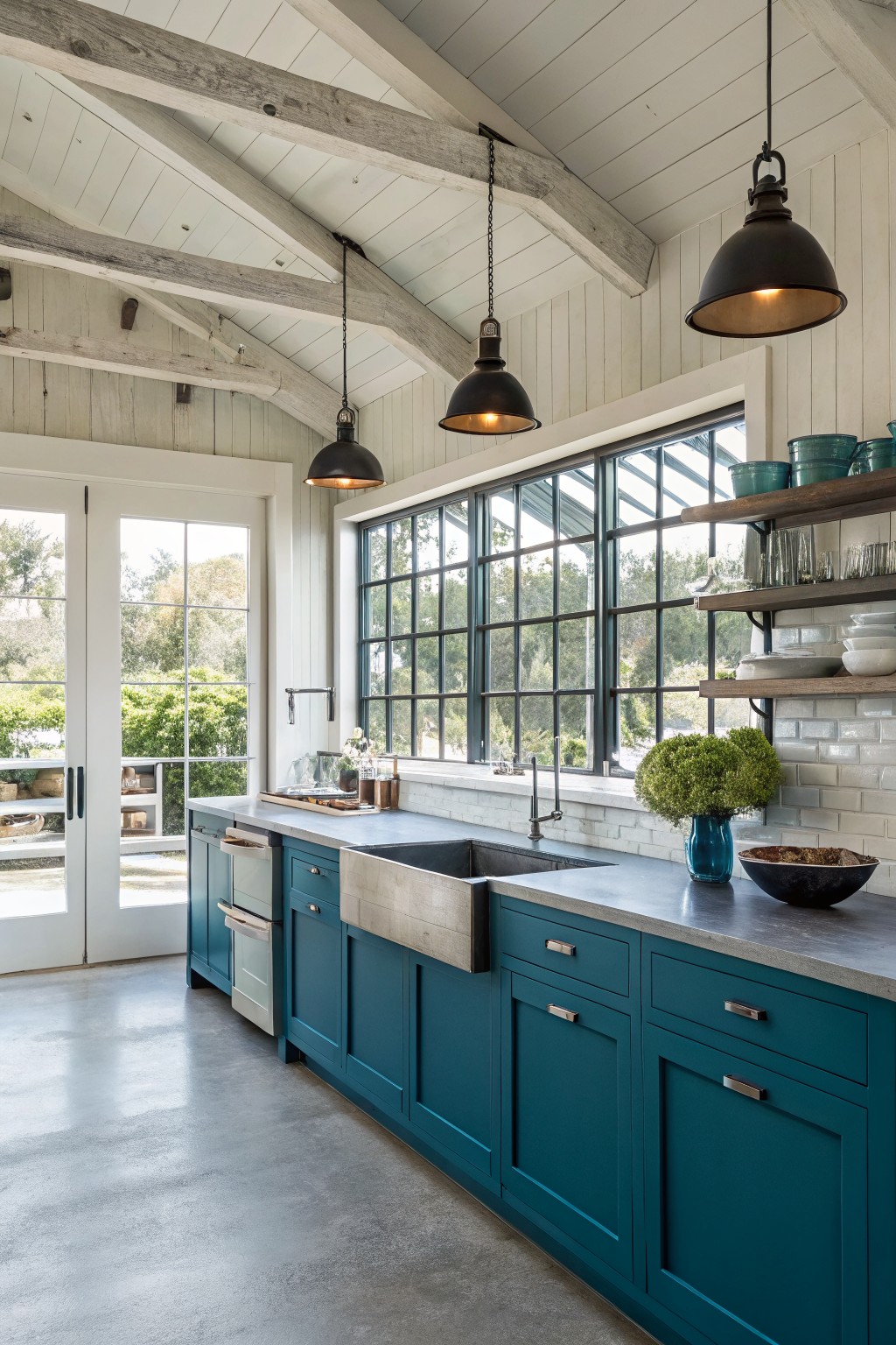 Kitchen with deep teal cabinets along a long counter and large black-framed windows.