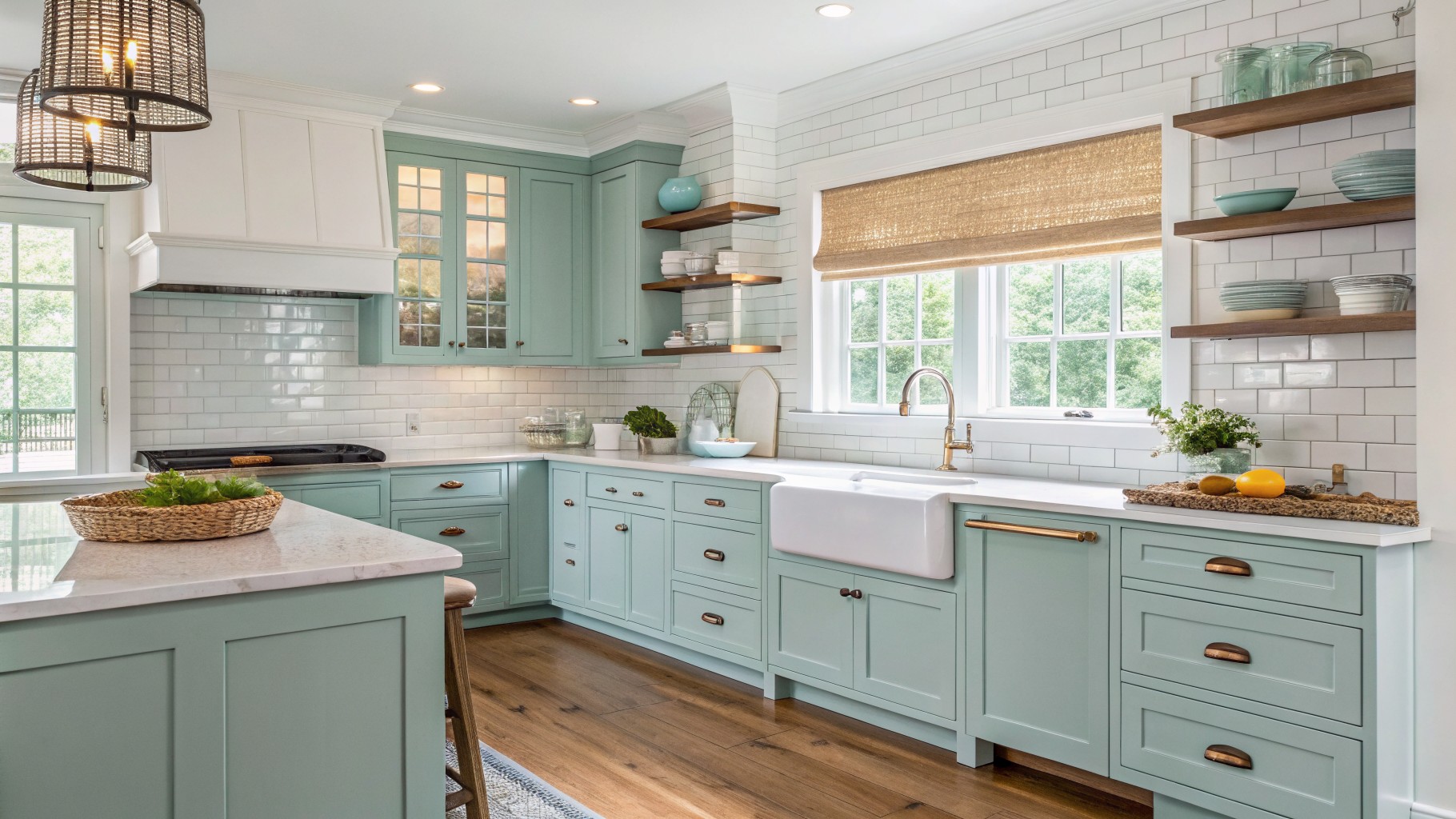 Light teal kitchen with white farmhouse sink, marble counters, and open shelves