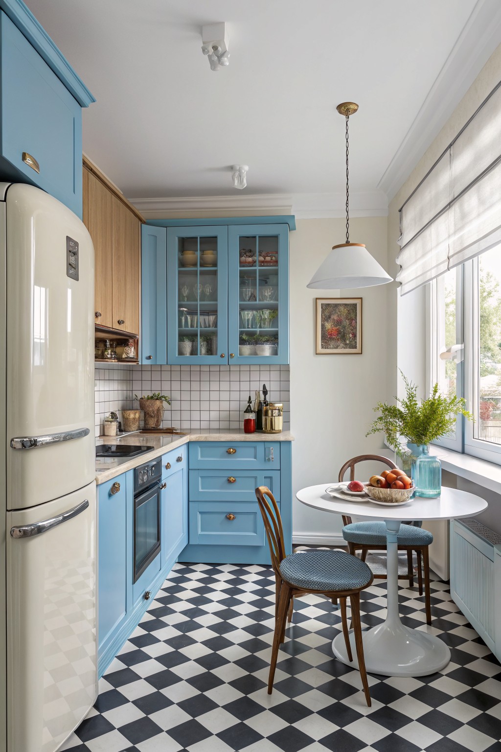 Light blue cabinets cover the walls of a kitchen with black and white flooring.