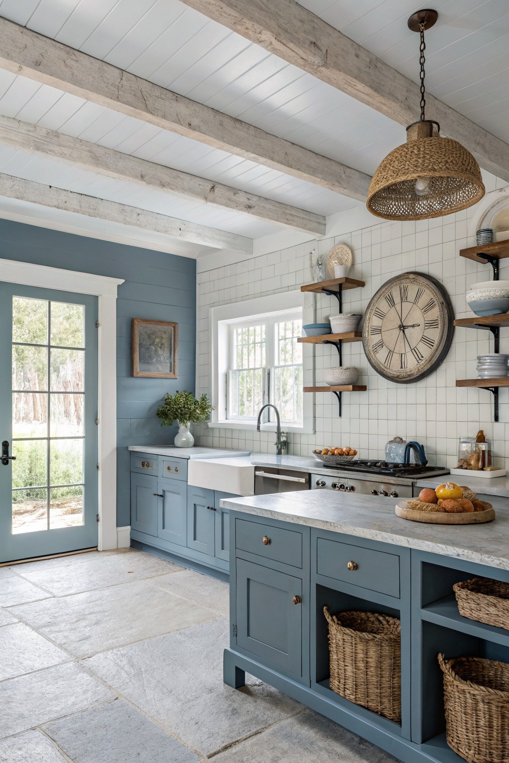 Blue gray cabinets in a kitchen with white tile and wood beams.