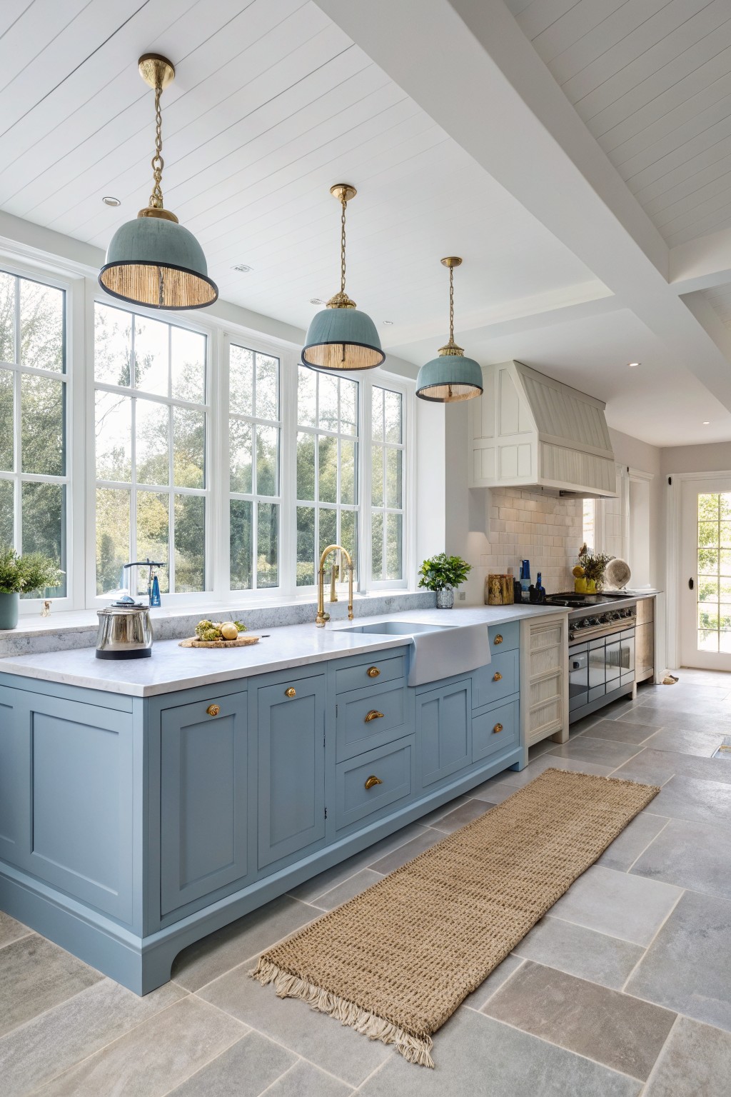 Blue gray cabinets in a bright kitchen with white trim and large windows.