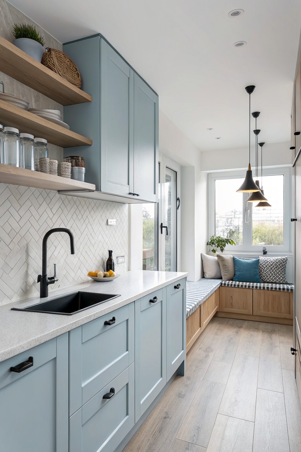 Light blue gray cabinets in a kitchen with open wood shelves and a window bench.