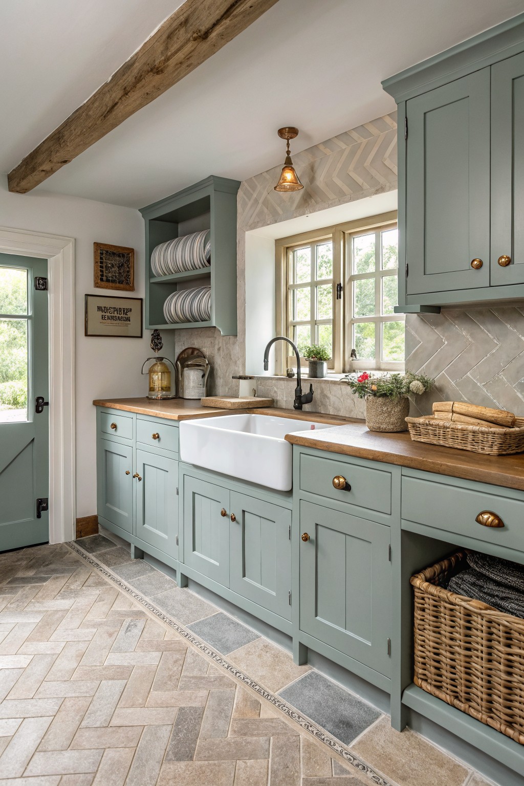 Kitchen cabinets painted a soft blue green with wood countertops.