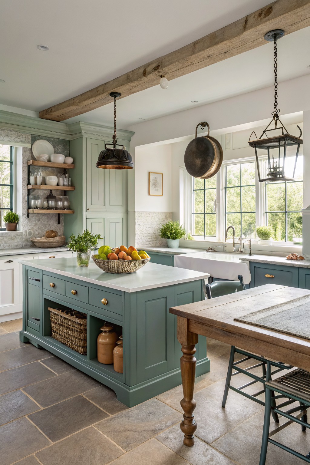 Kitchen cabinets painted in a soft blue-green shade.