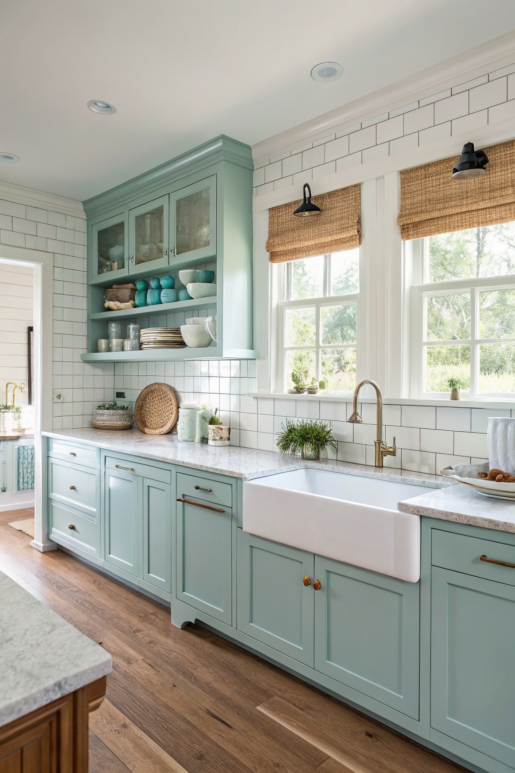 Light teal kitchen with white farmhouse sink, marble counters, and open shelves