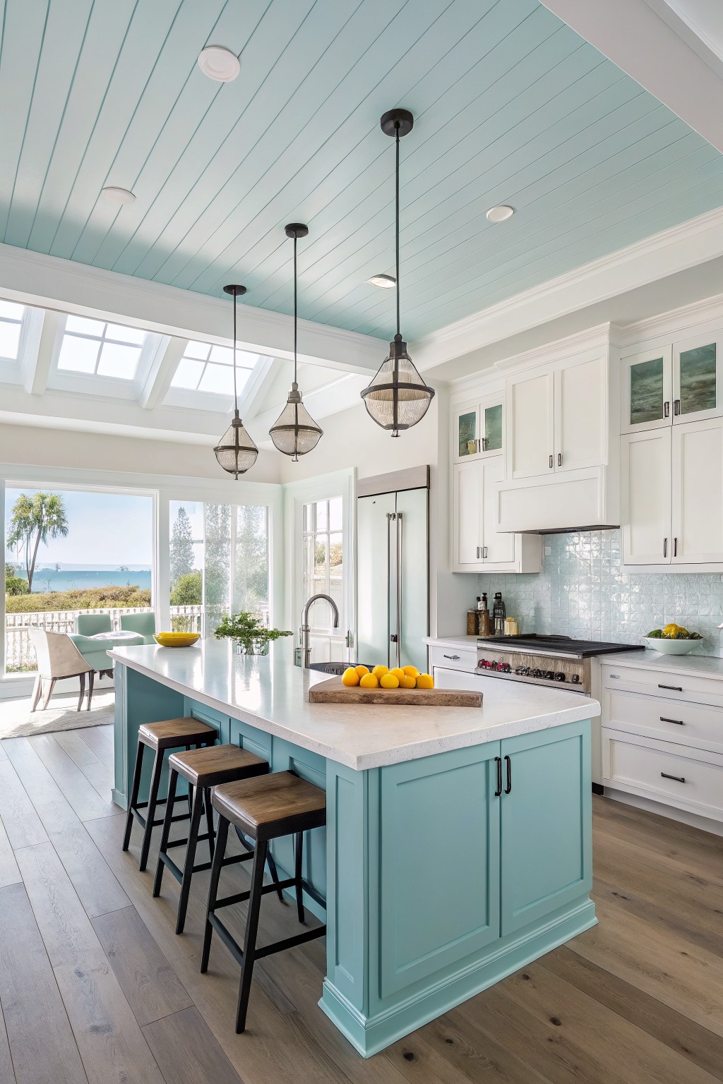 Modern coastal kitchen with turquoise island, white cabinets, and ocean view.