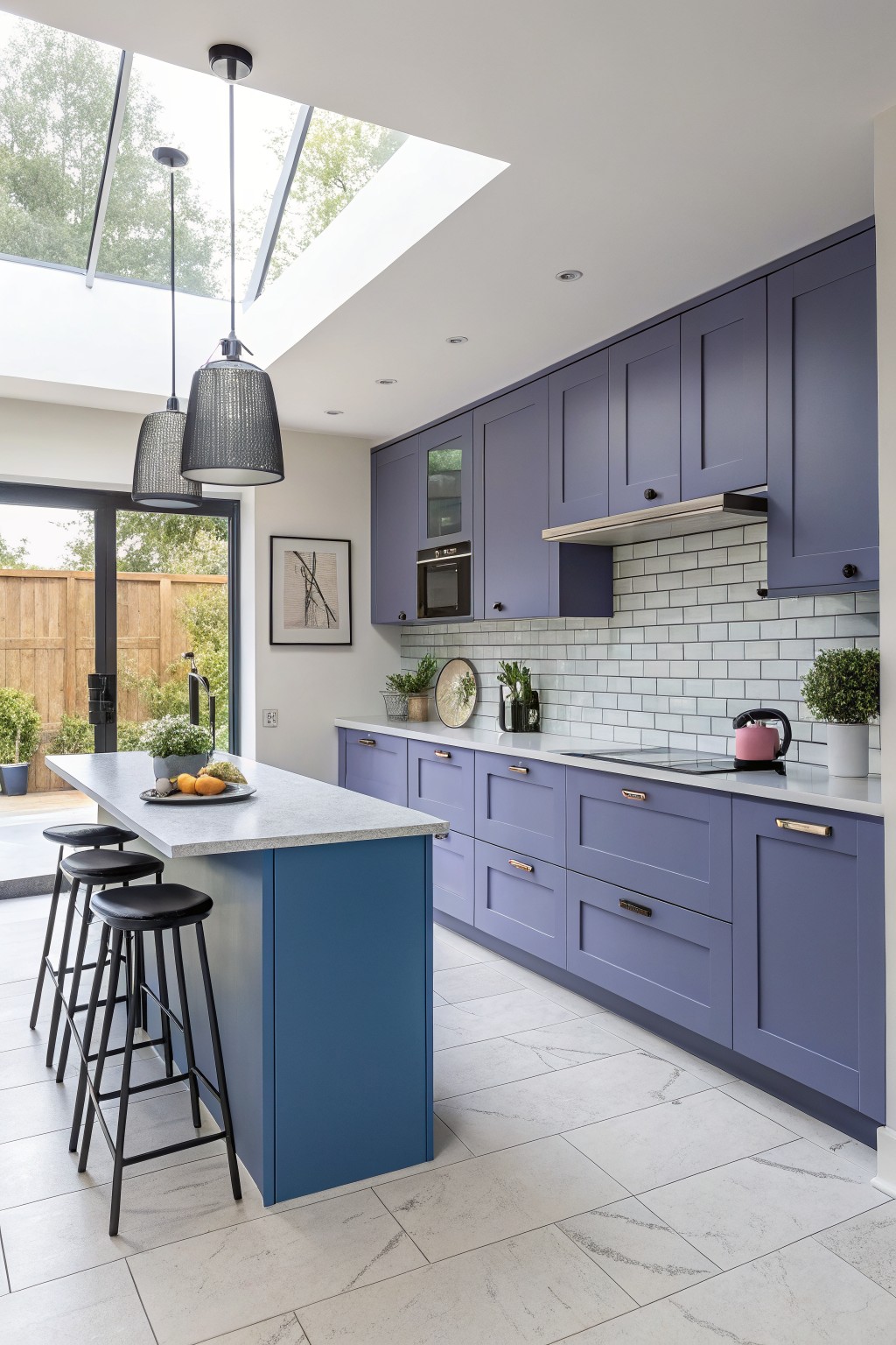 Blue kitchen cabinets with white countertops and a contrasting blue island.