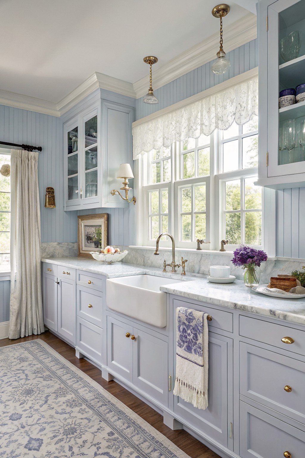 Light blue kitchen cabinets with white marble counters and brass fixtures.