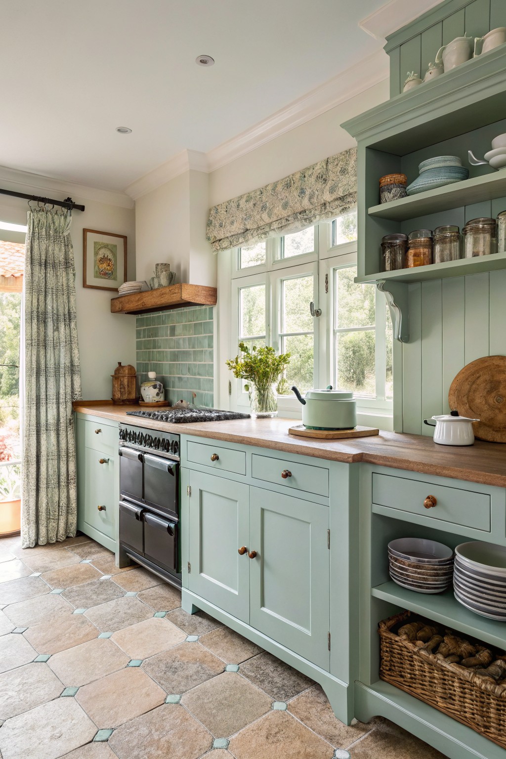 Sage green kitchen cabinets with a wood countertop and open shelving.
