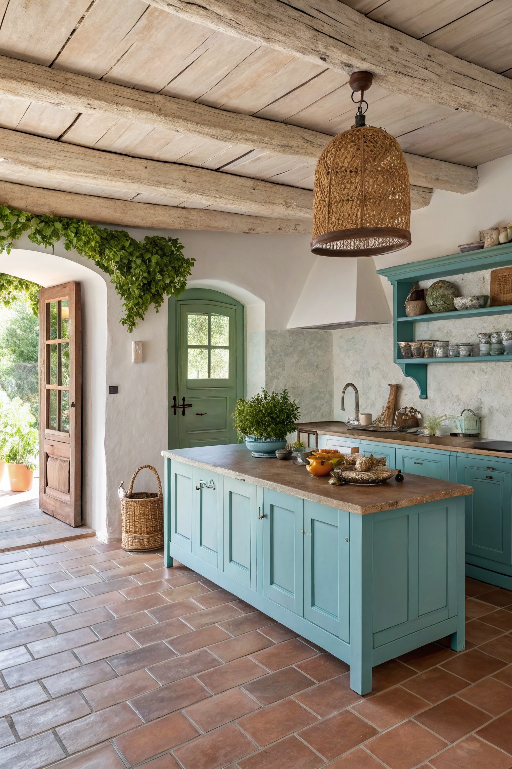 Soft teal cabinets in a rustic kitchen with wood ceiling beams.