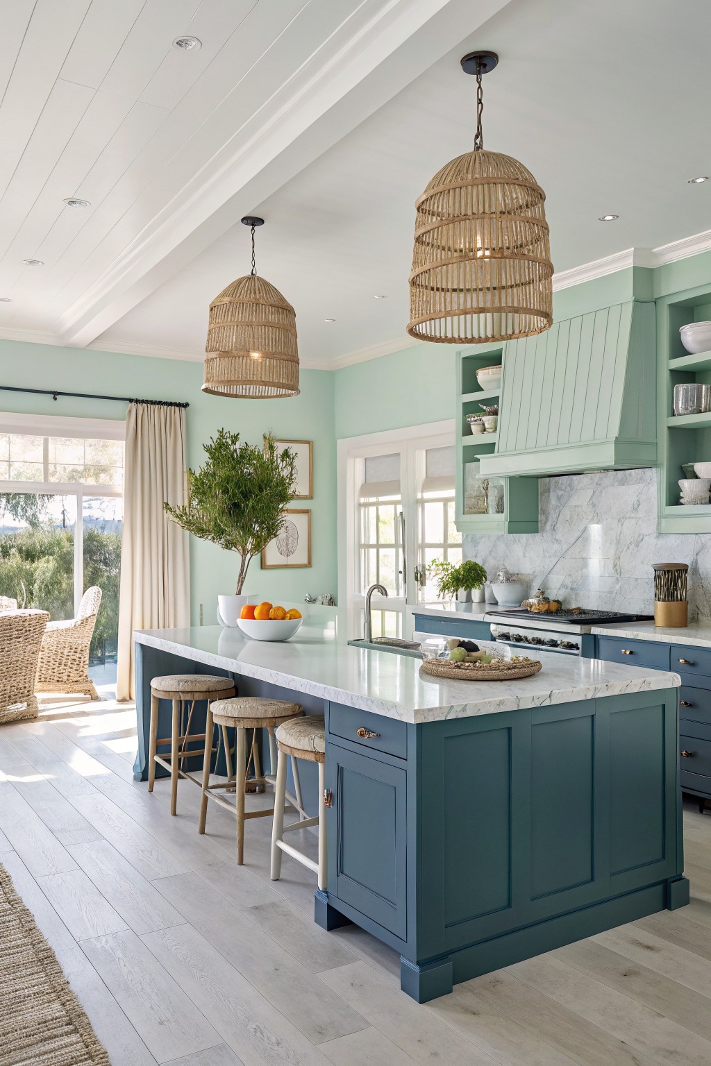 A kitchen with teal blue cabinets and a white marble island.
