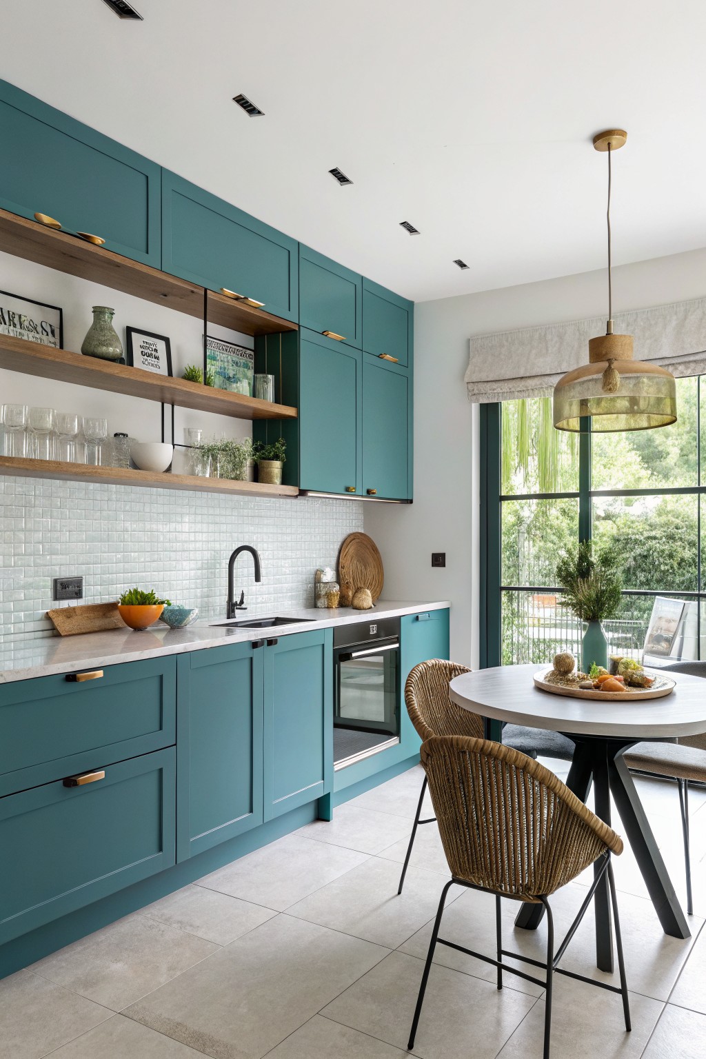 Modern teal kitchen with open shelves, round table, woven chairs, and large windows.
