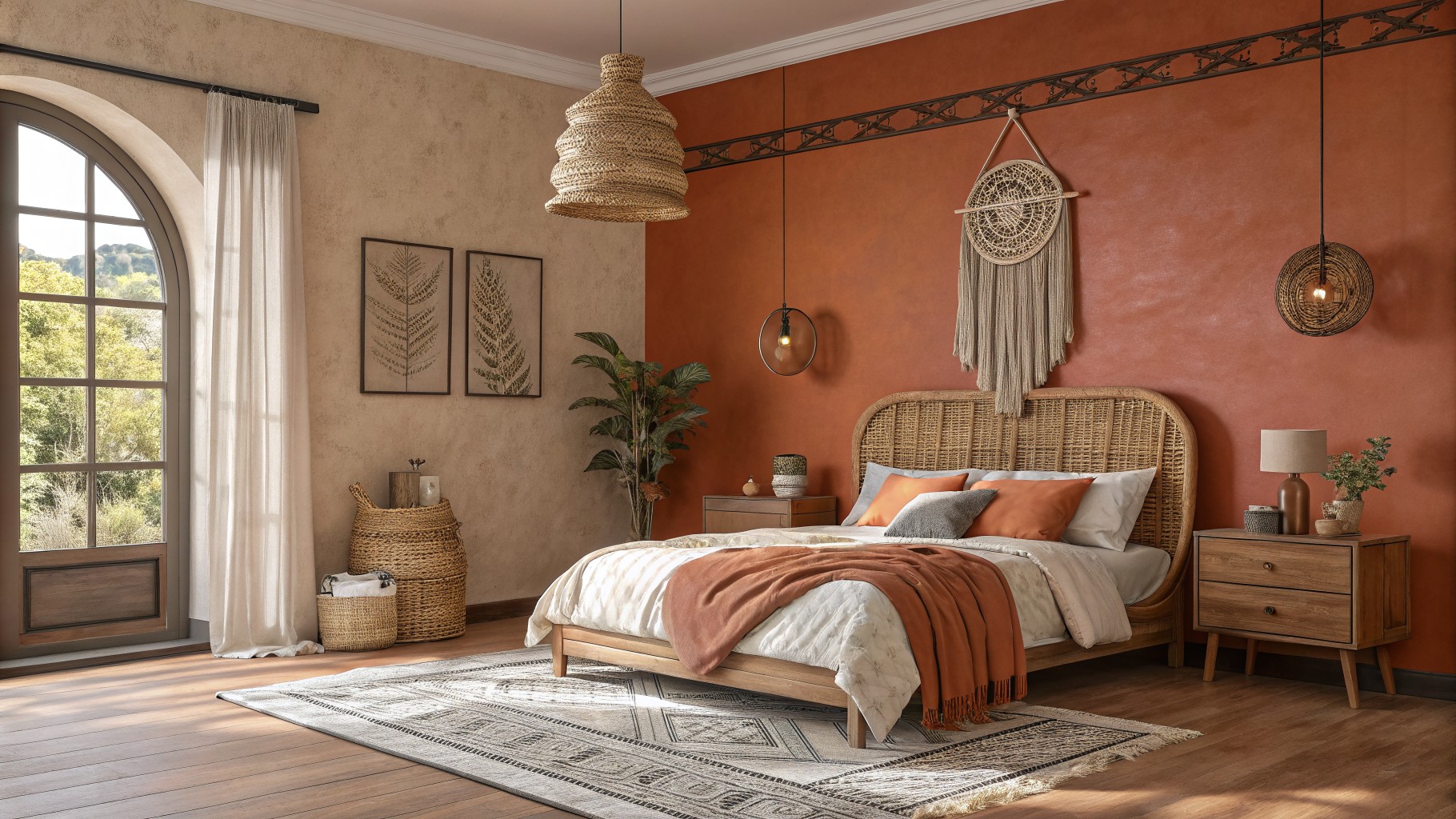 A bedroom featuring a warm terracotta accent wall behind a woven headboard.