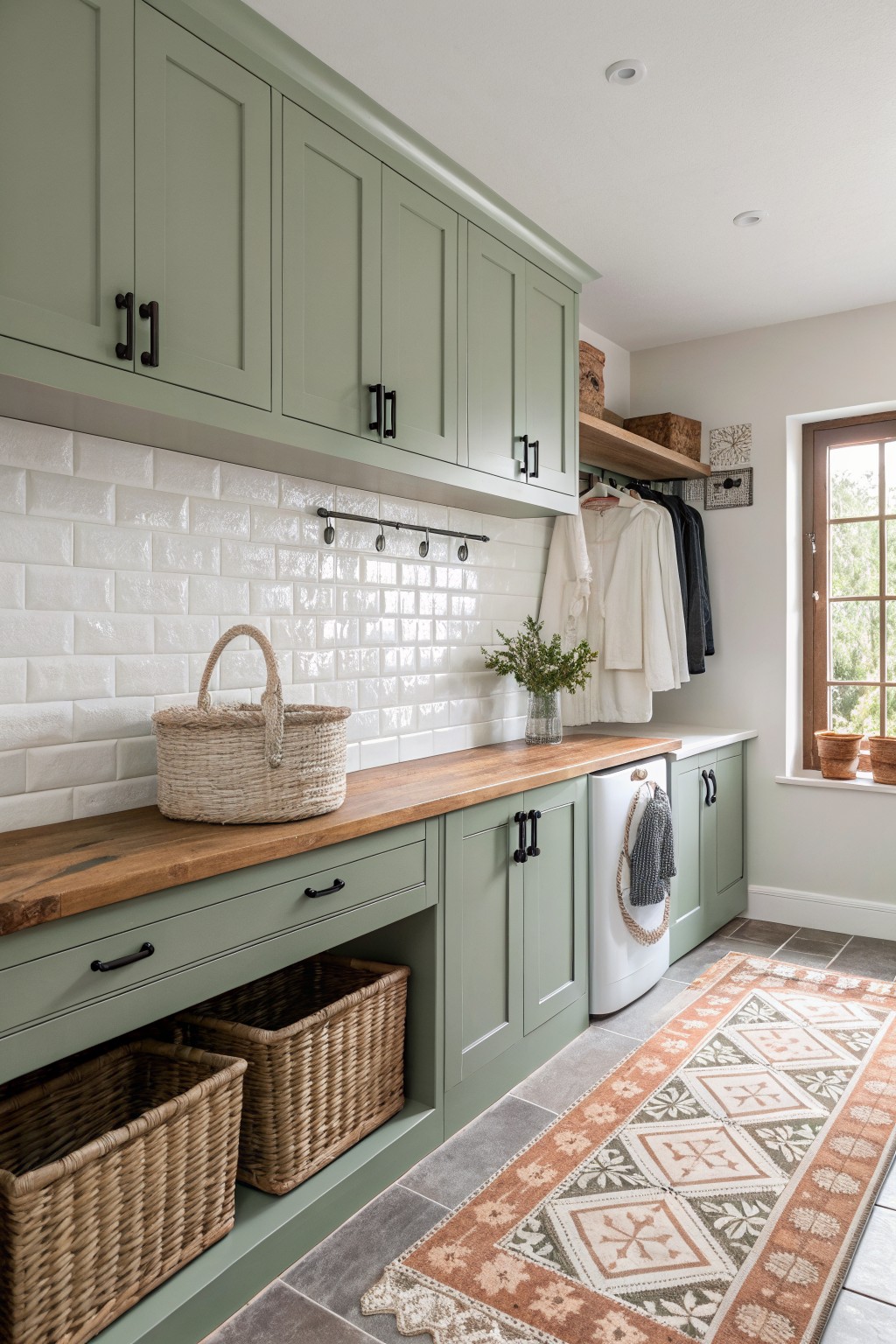 Sage green laundry room with wood counters, white tiles, baskets, washer, and hanging clothes.