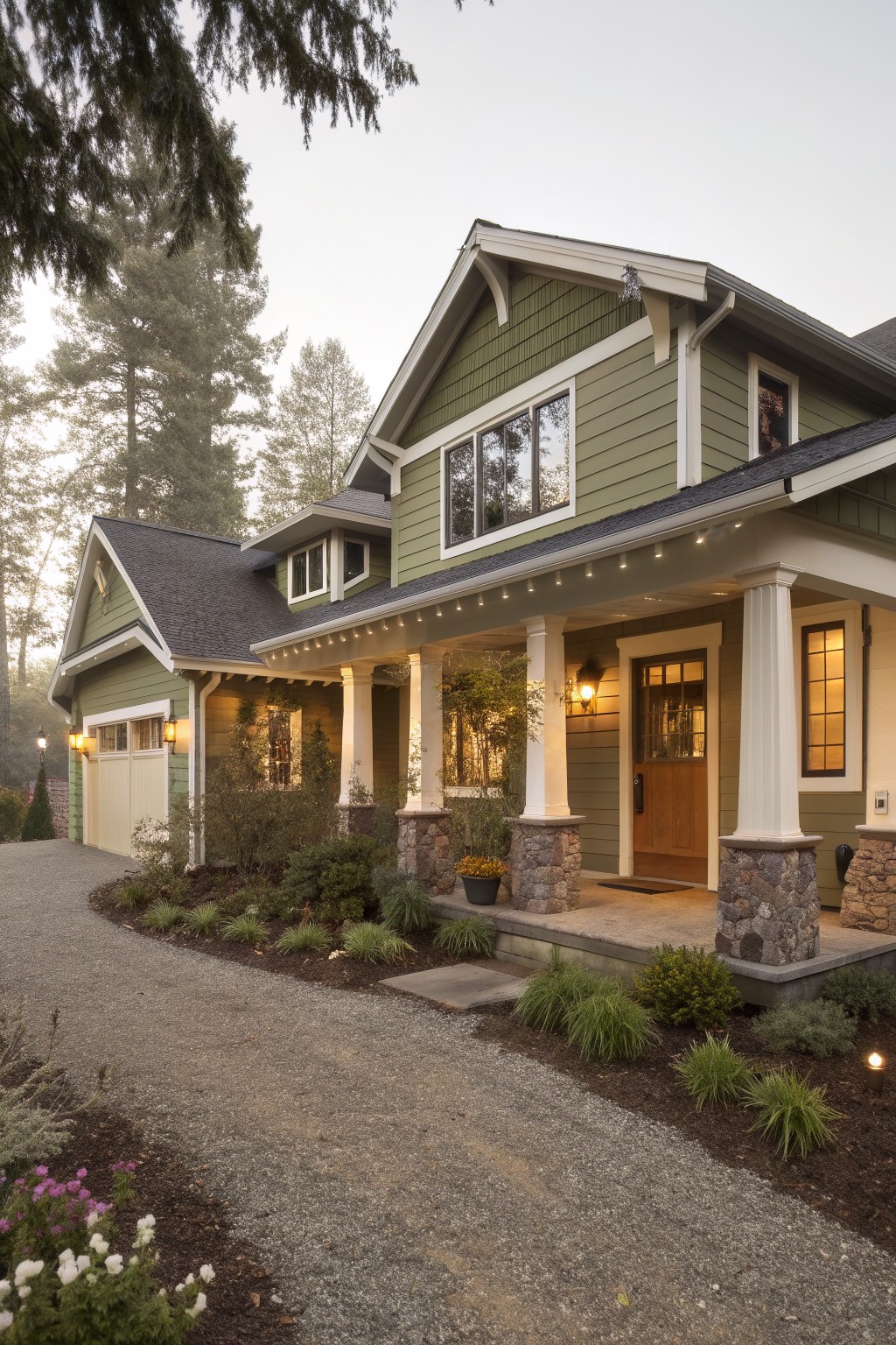 A house with soft sage green siding and a covered front porch.