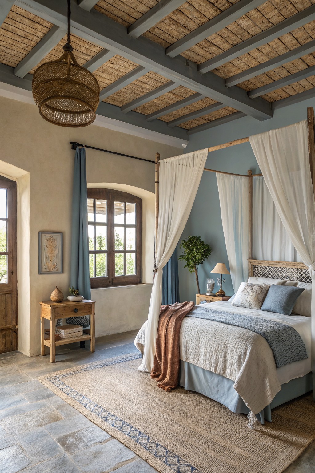 Bedroom walls painted in a soft blue gray tone.