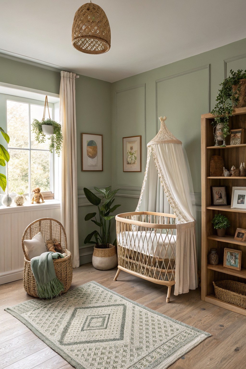 Soft sage green walls in a boho nursery with a wooden crib.