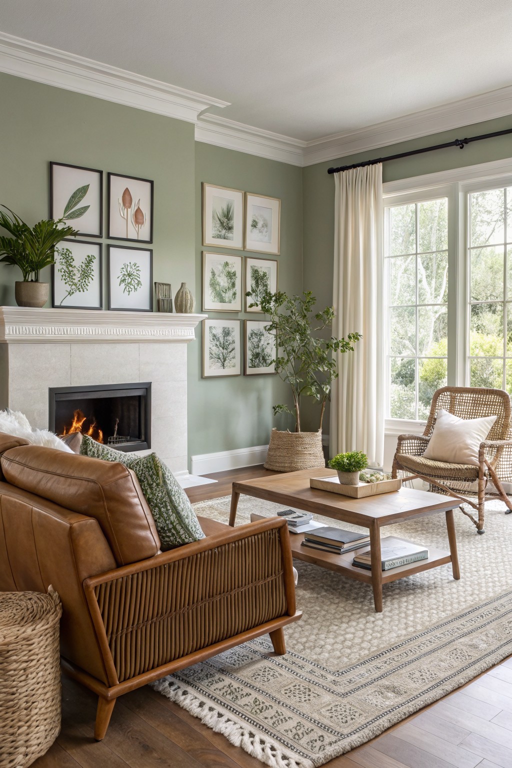 Living room walls painted in a soft sage green with white trim around the fireplace.