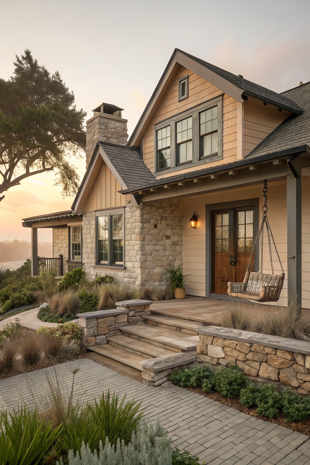 Light warm beige siding on a house exterior with stone accents.