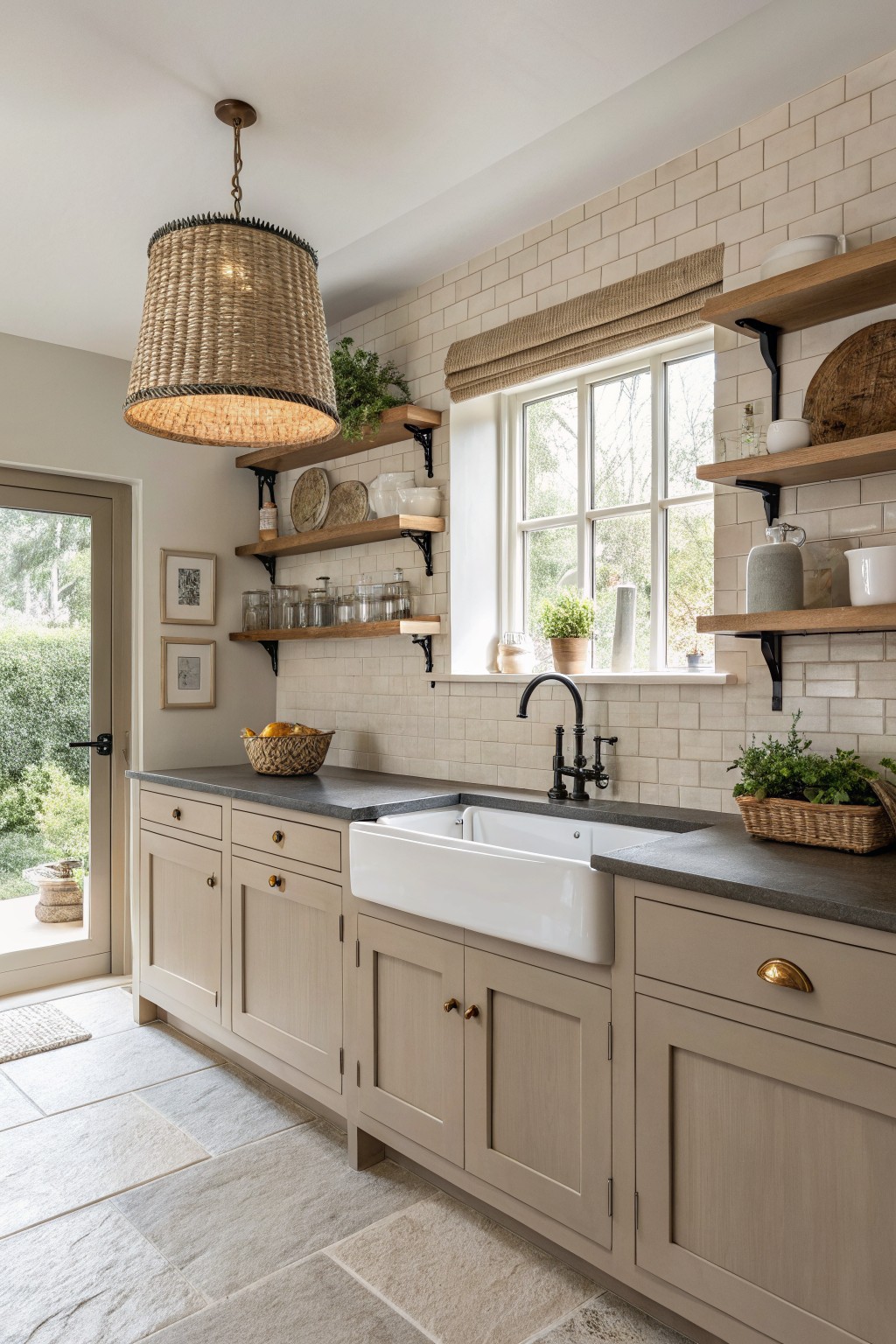 Light warm greige cabinets in a kitchen with wood shelves and a farmhouse sink.