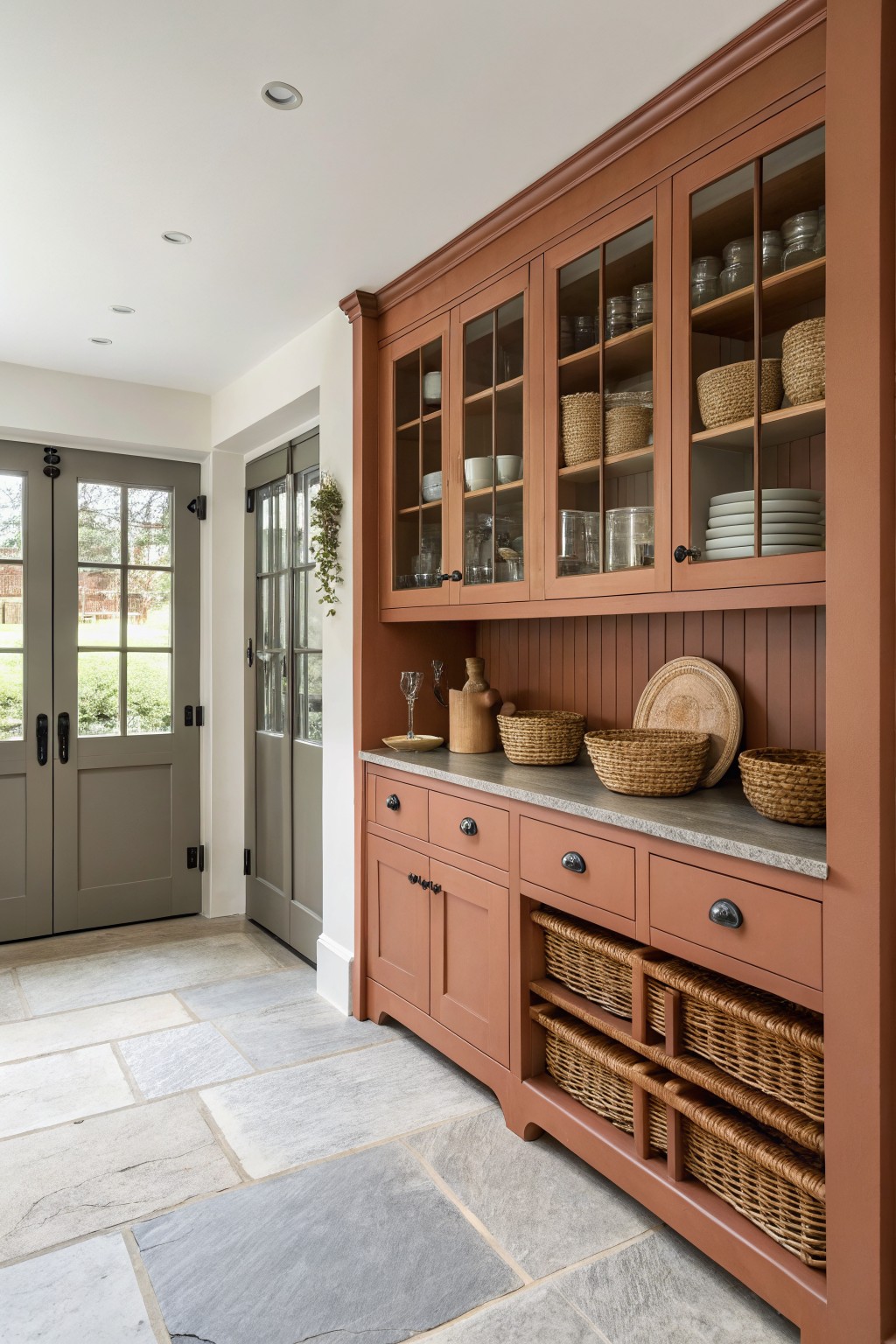 Terracotta painted built-in cabinets in a home interior with stone flooring.