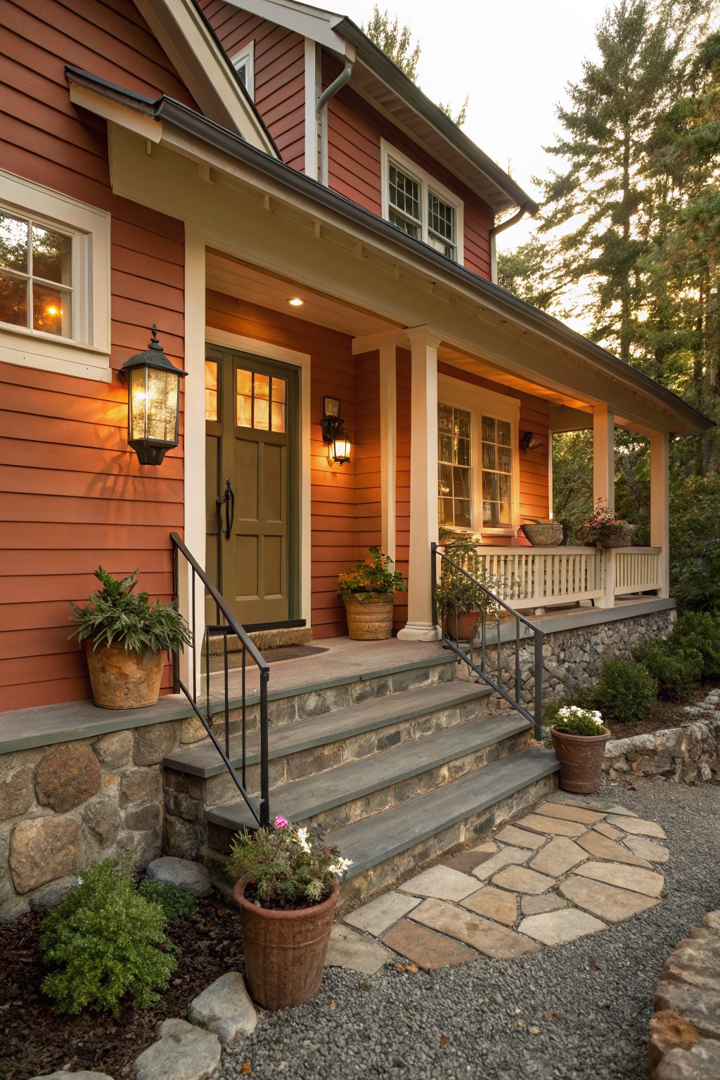 A house exterior painted in warm terracotta siding with stone steps and a covered porch.