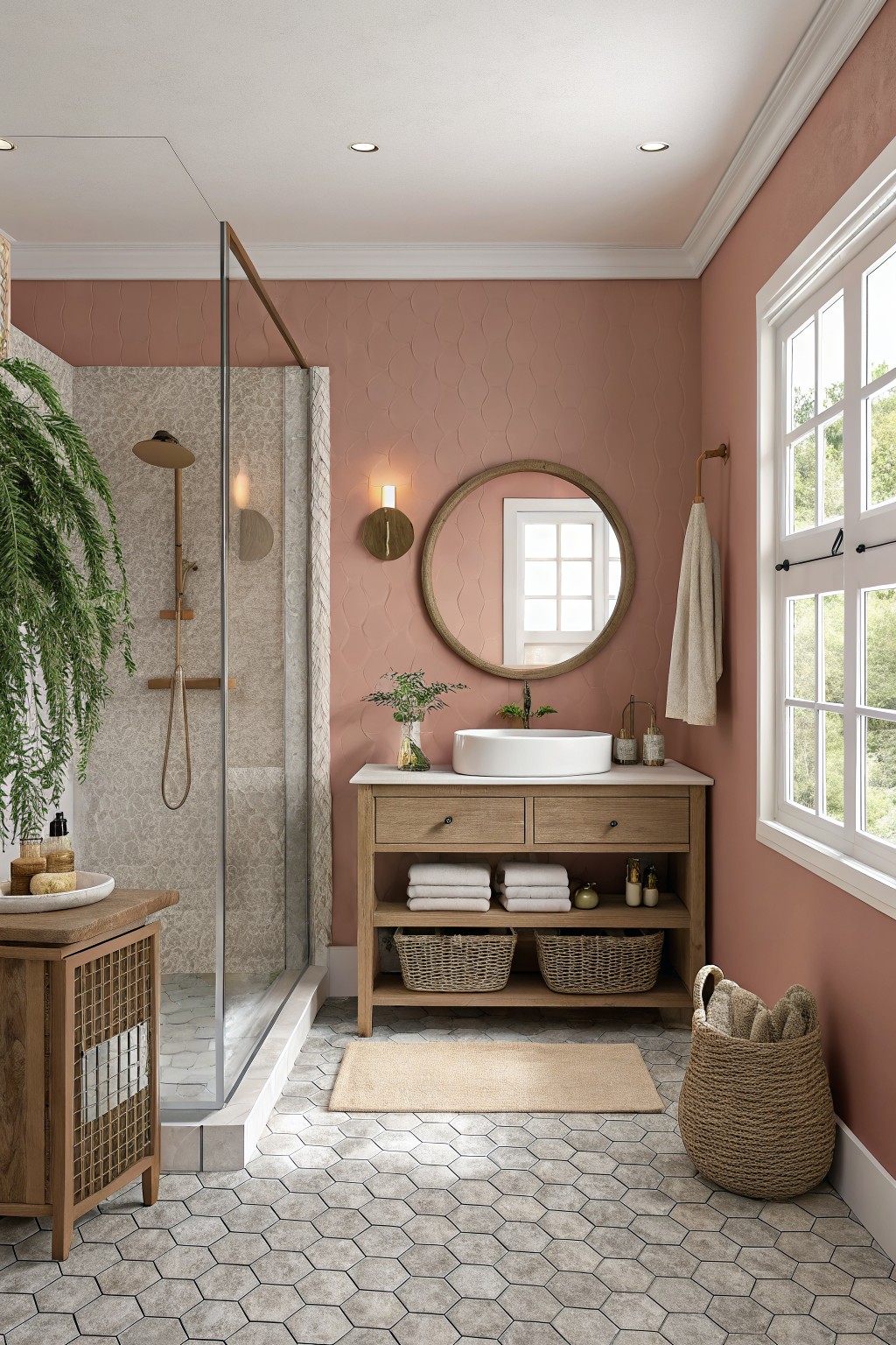A bathroom featuring warm terracotta walls with a round mirror and wood vanity.