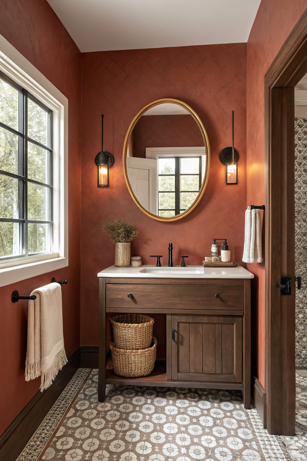 Bathroom with terracotta walls and a wood vanity.