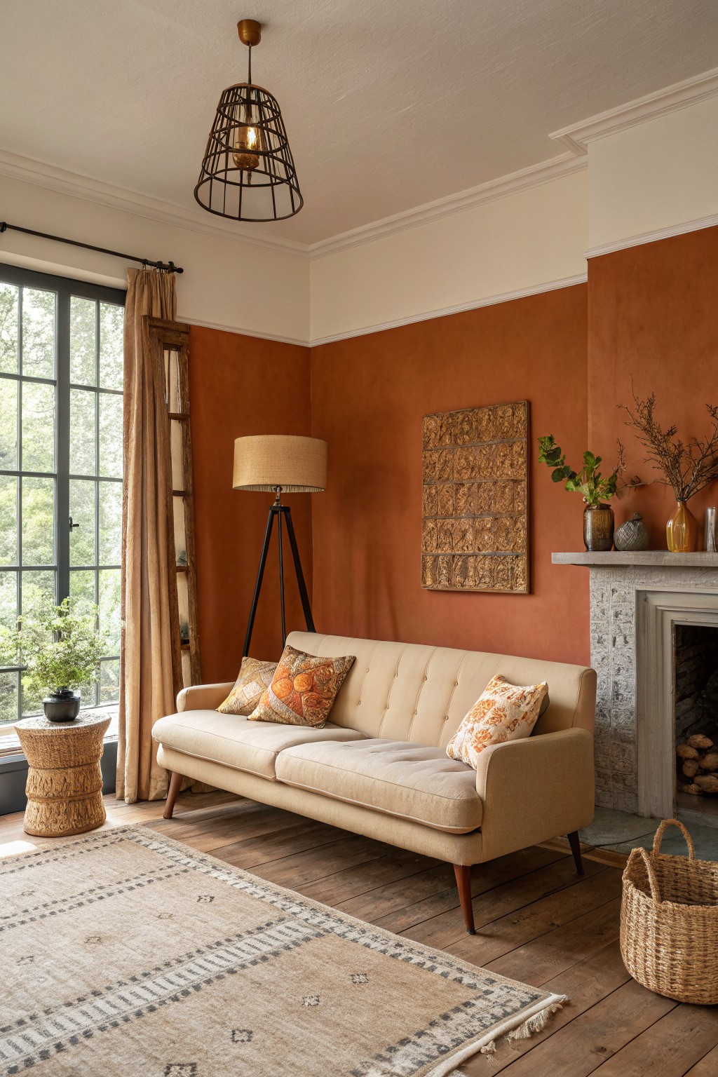 Warm terracotta walls in a living room with wood floors.