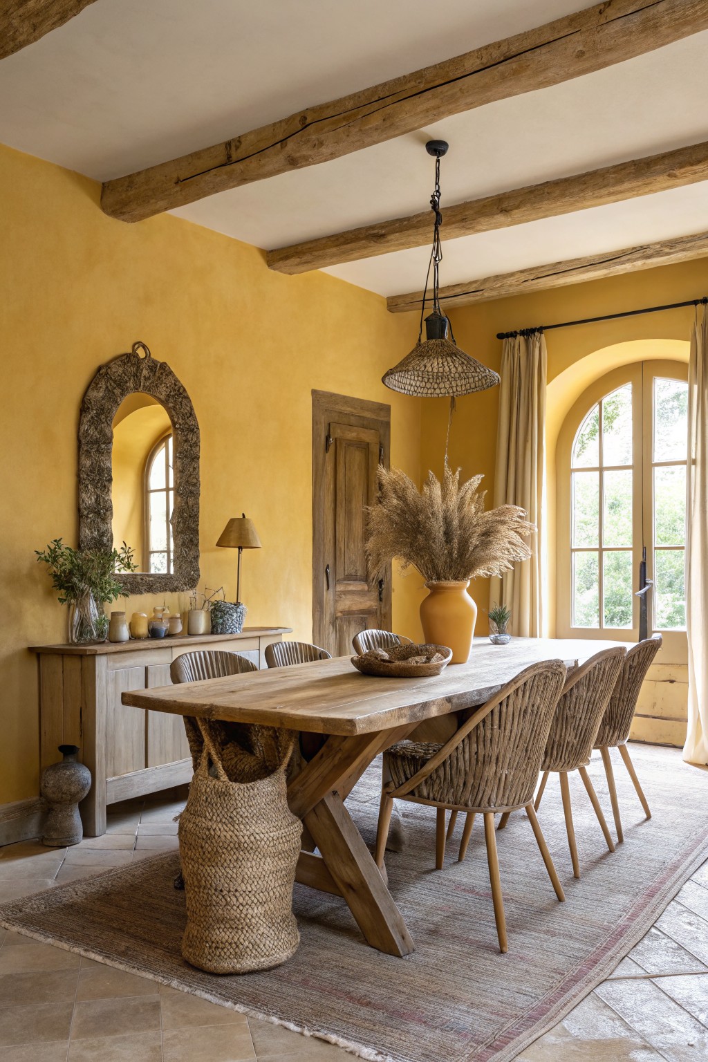 A dining room with warm yellow walls and a large wooden table.
