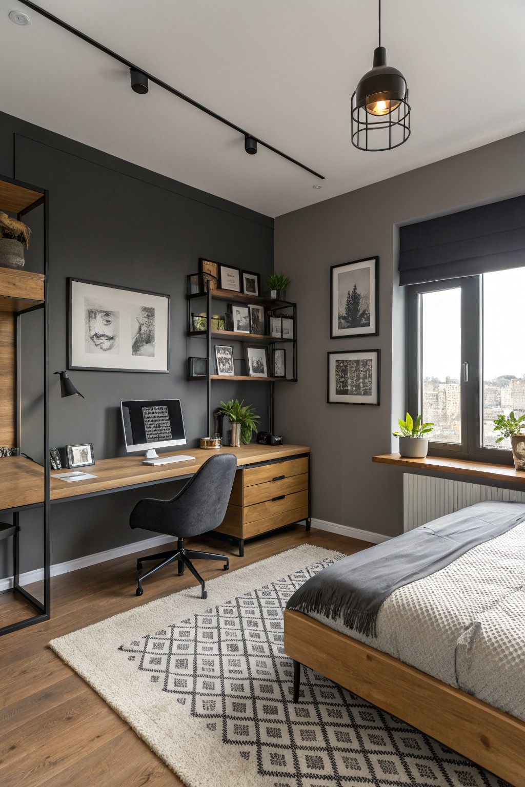A boys bedroom with dark charcoal gray walls and wood furniture.
