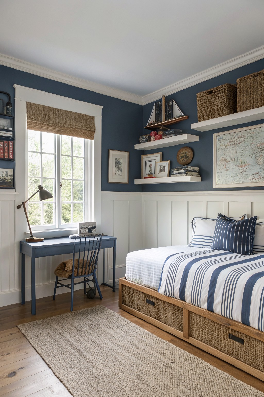 A boys bedroom with deep navy walls above white wainscoting.