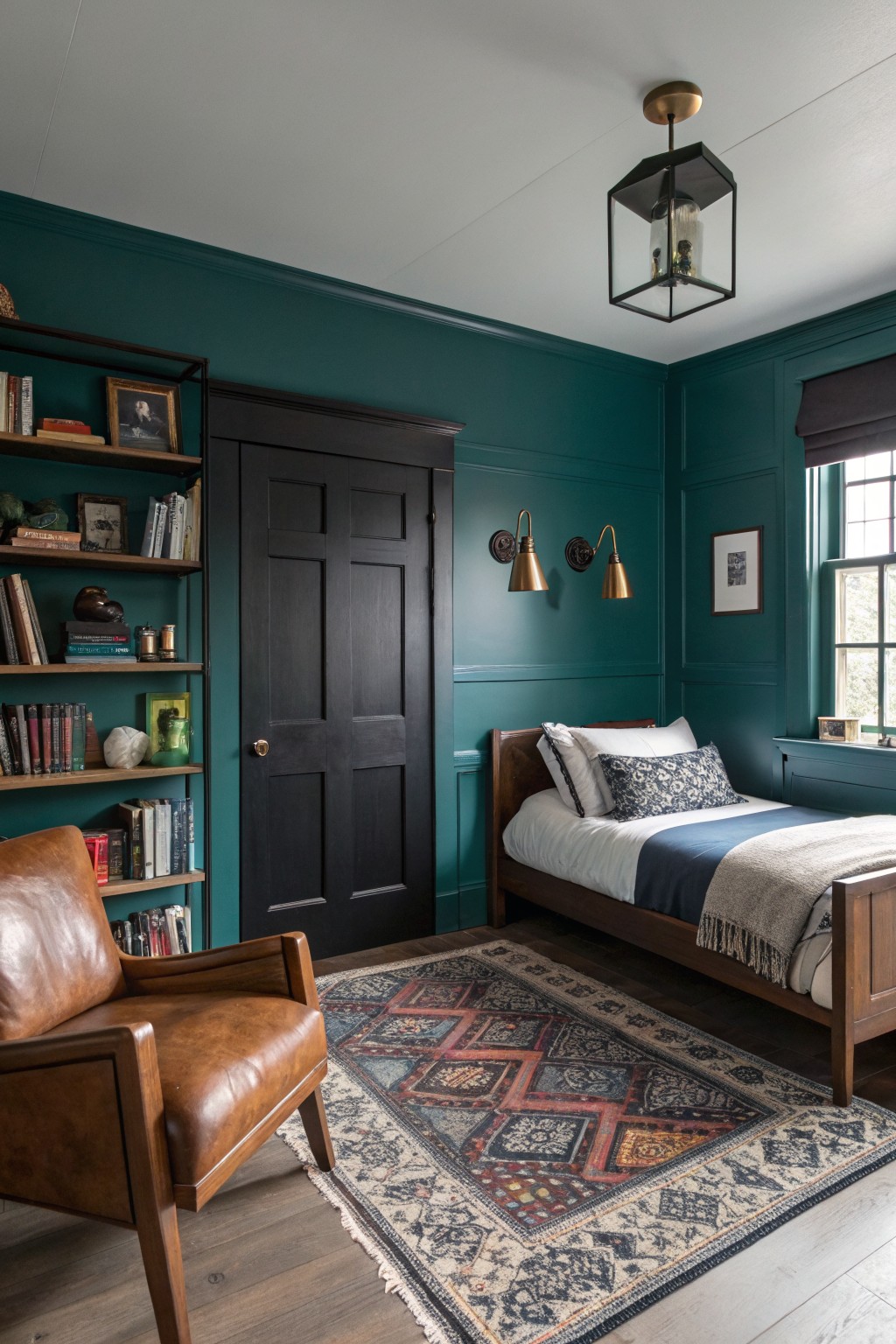 Deep teal walls in a bedroom with dark wood trim and built-in shelves.