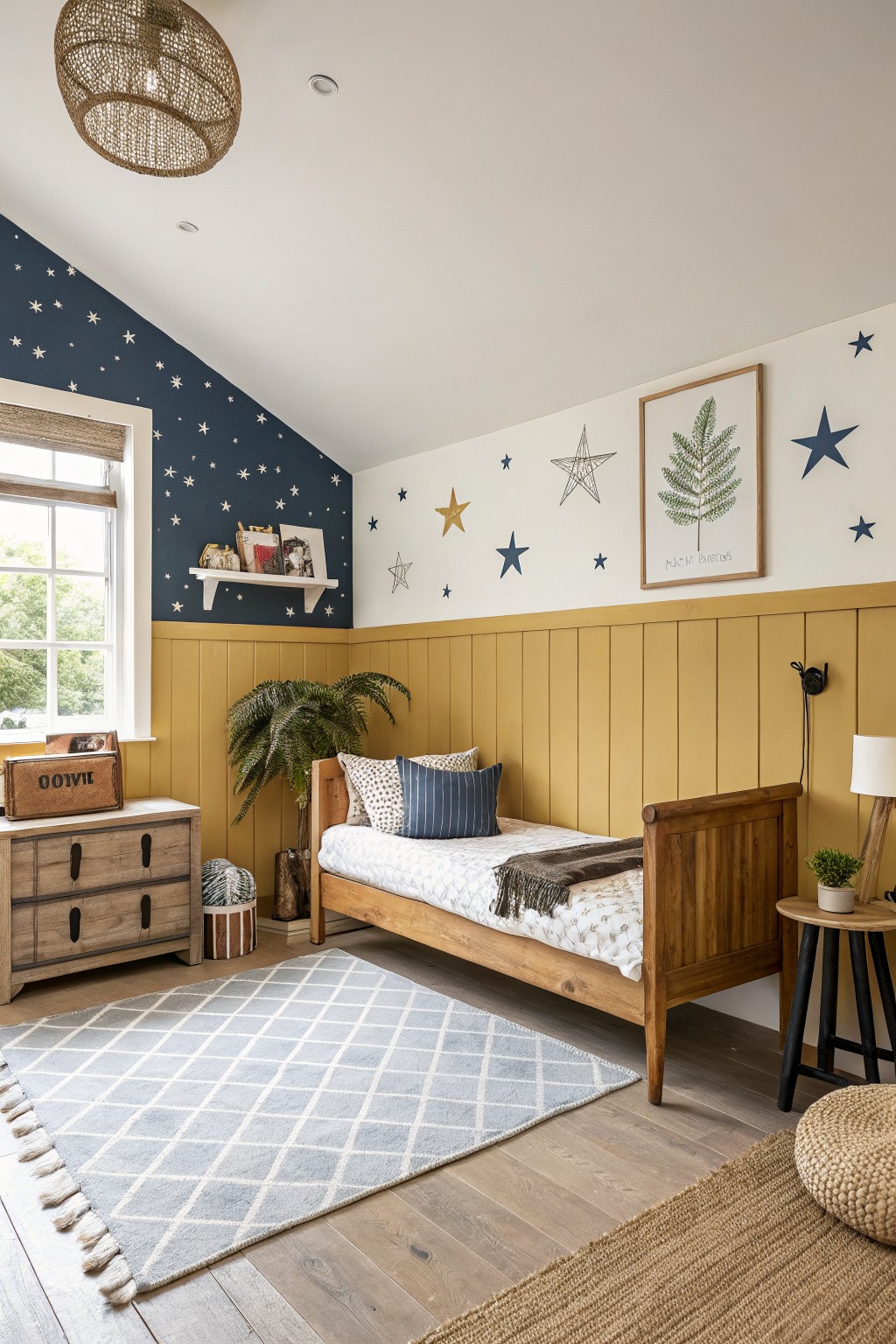 A boys bedroom featuring mustard yellow wainscoting on the lower walls and navy blue paint with stars above.