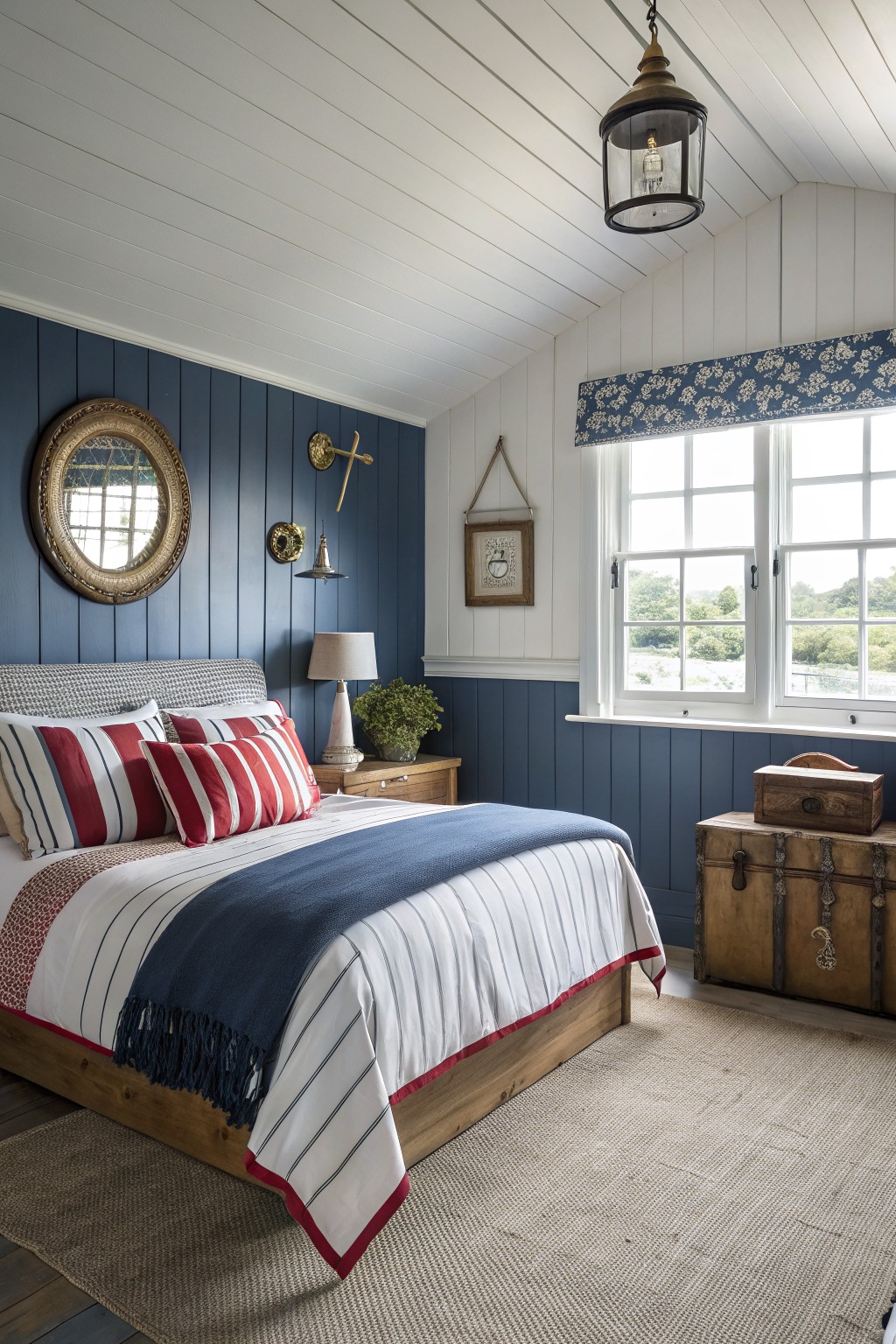 A bedroom featuring deep navy blue walls with white trim and wood accents.
