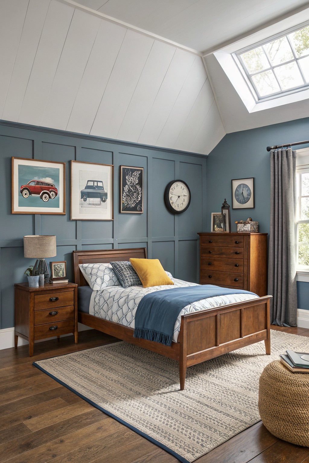 Cozy bedroom with wooden bed, blue walls, skylight, and area rug.