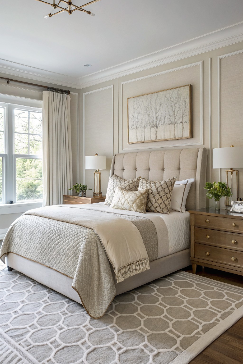 Light greige walls in a neutral bedroom with an upholstered bed.