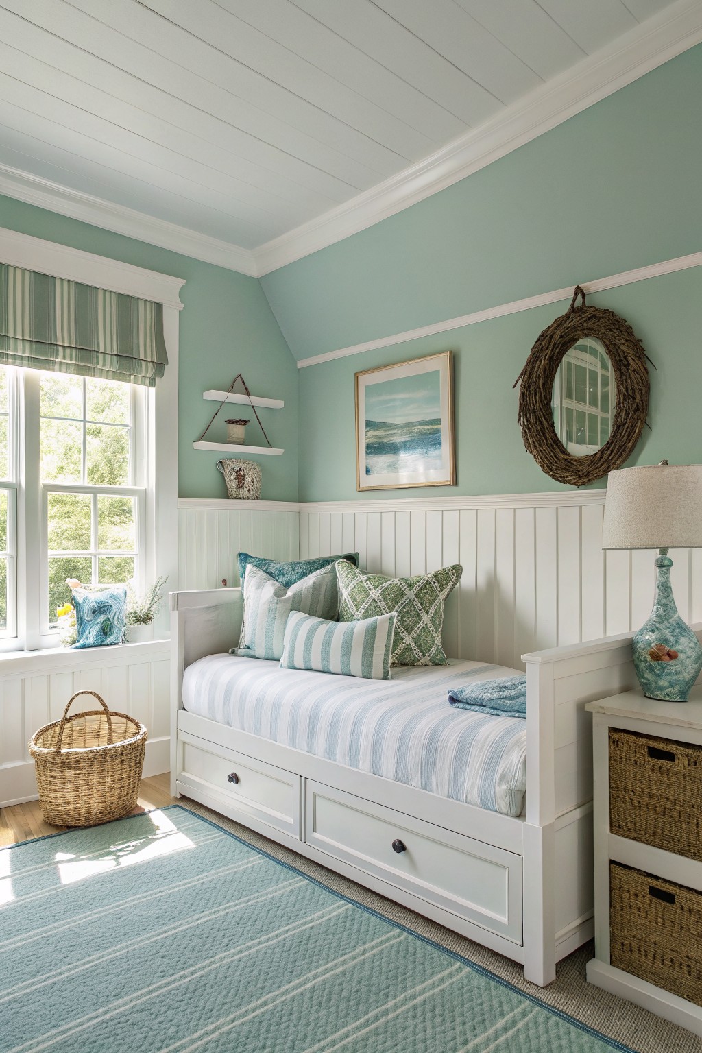 Sunlit bedroom with white daybed, blue striped bedding, and mint walls.