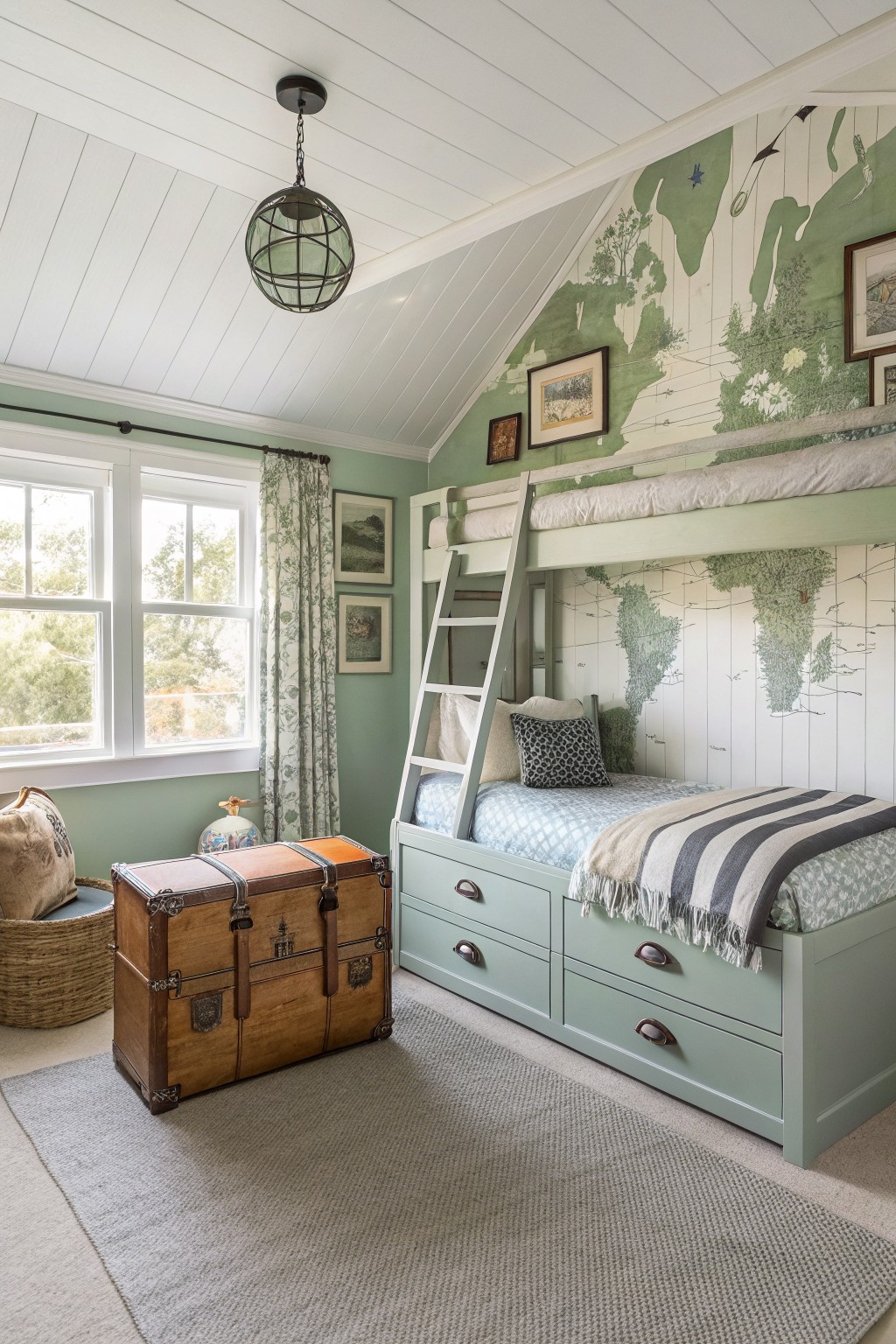 Sage green walls and matching bunk bed frame in a boys bedroom with white trim.