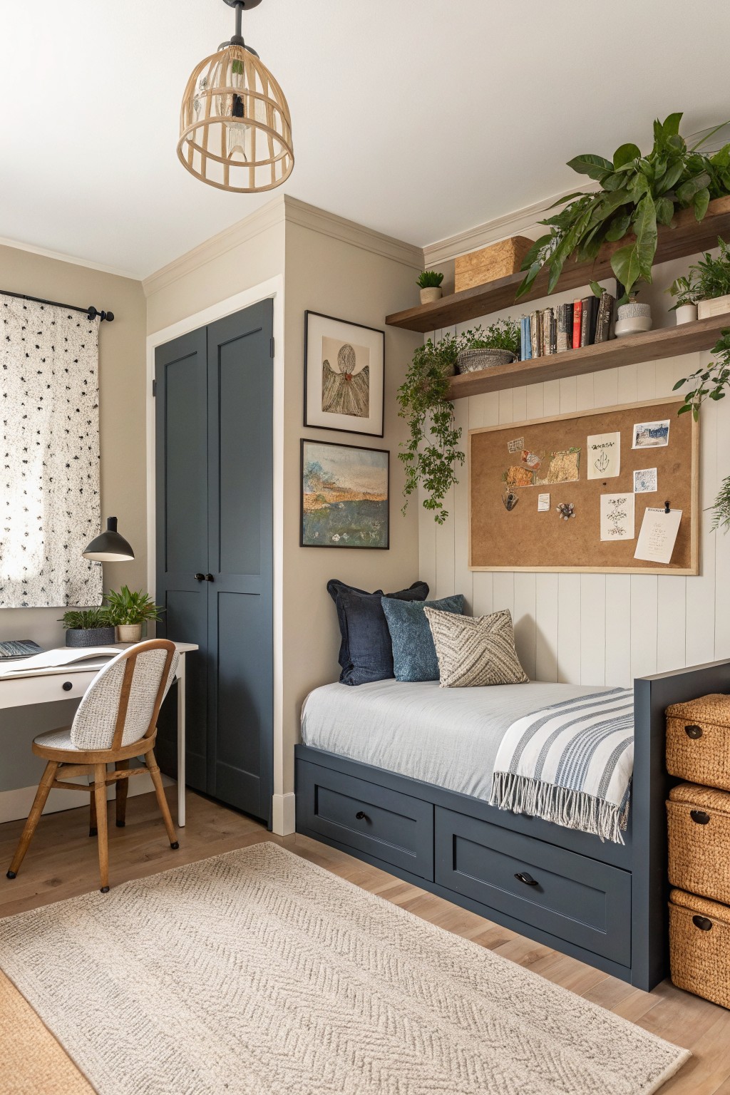 A boys bedroom with soft warm beige walls and a navy blue daybed.