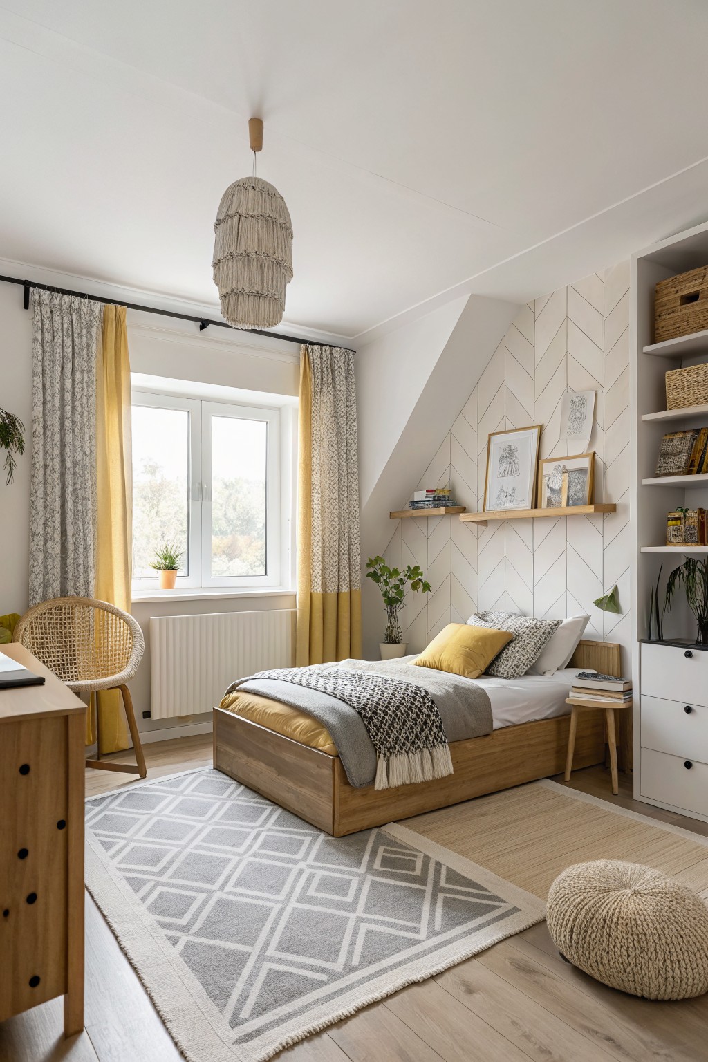 A boy's bedroom with soft white walls featuring a chevron pattern behind the bed.