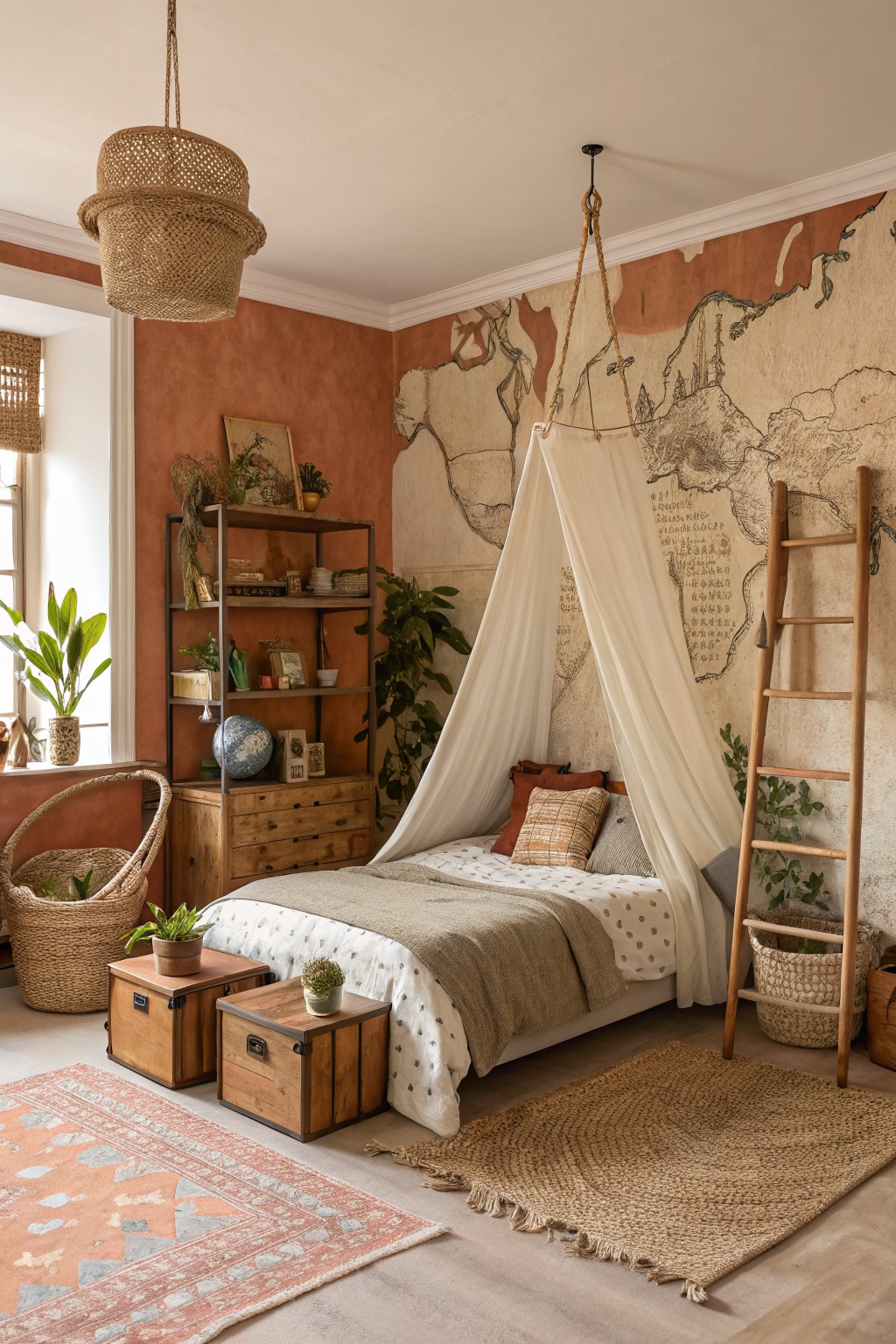 A bedroom with warm terracotta walls and a hanging canopy bed.