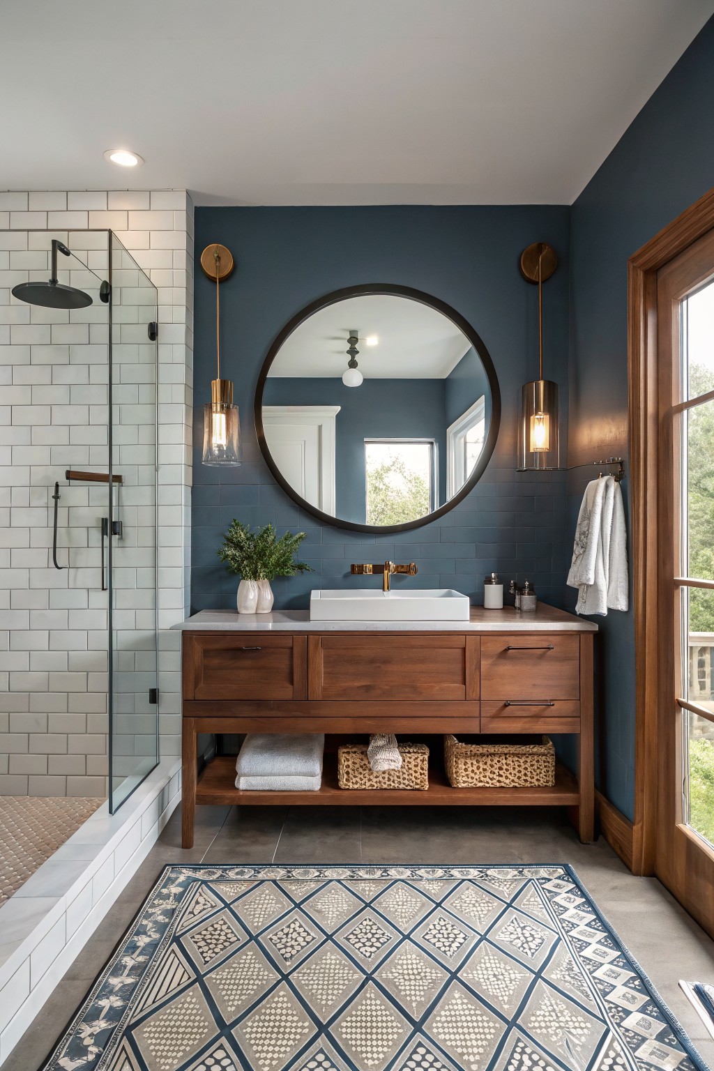 A bathroom featuring deep blue walls behind a wooden vanity with a round mirror.