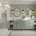 Bathroom walls and vanity painted in soft sage green with white trim and marble counters.