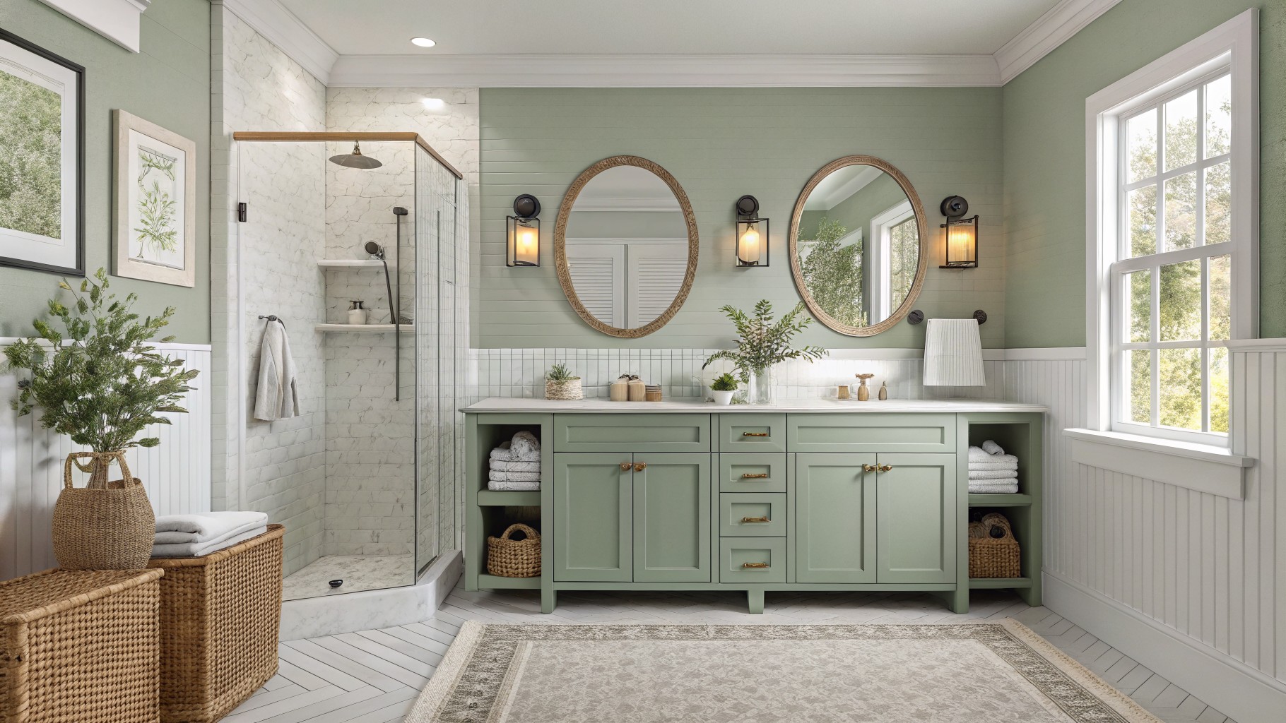 Bathroom walls and vanity painted in soft sage green with white trim and marble counters.