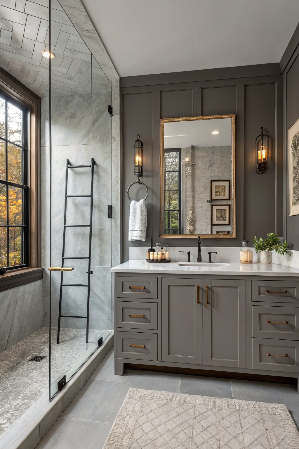 Gray painted walls surround a white vanity and mirror in a bathroom.