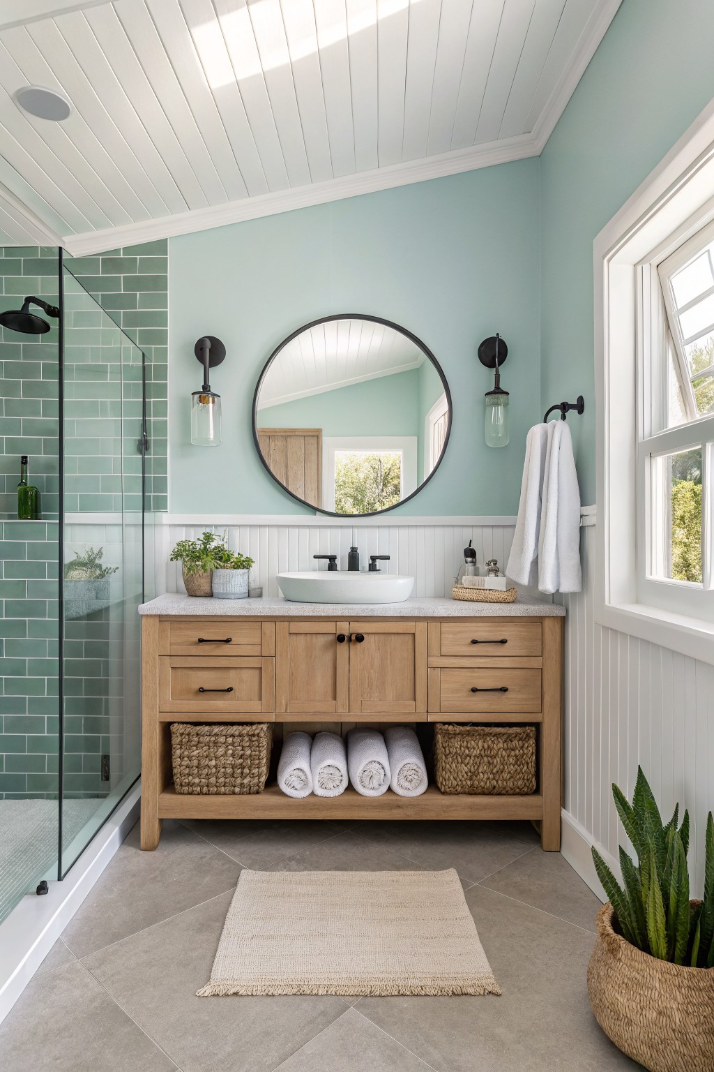 A bathroom with soft aqua walls and a light wood vanity.