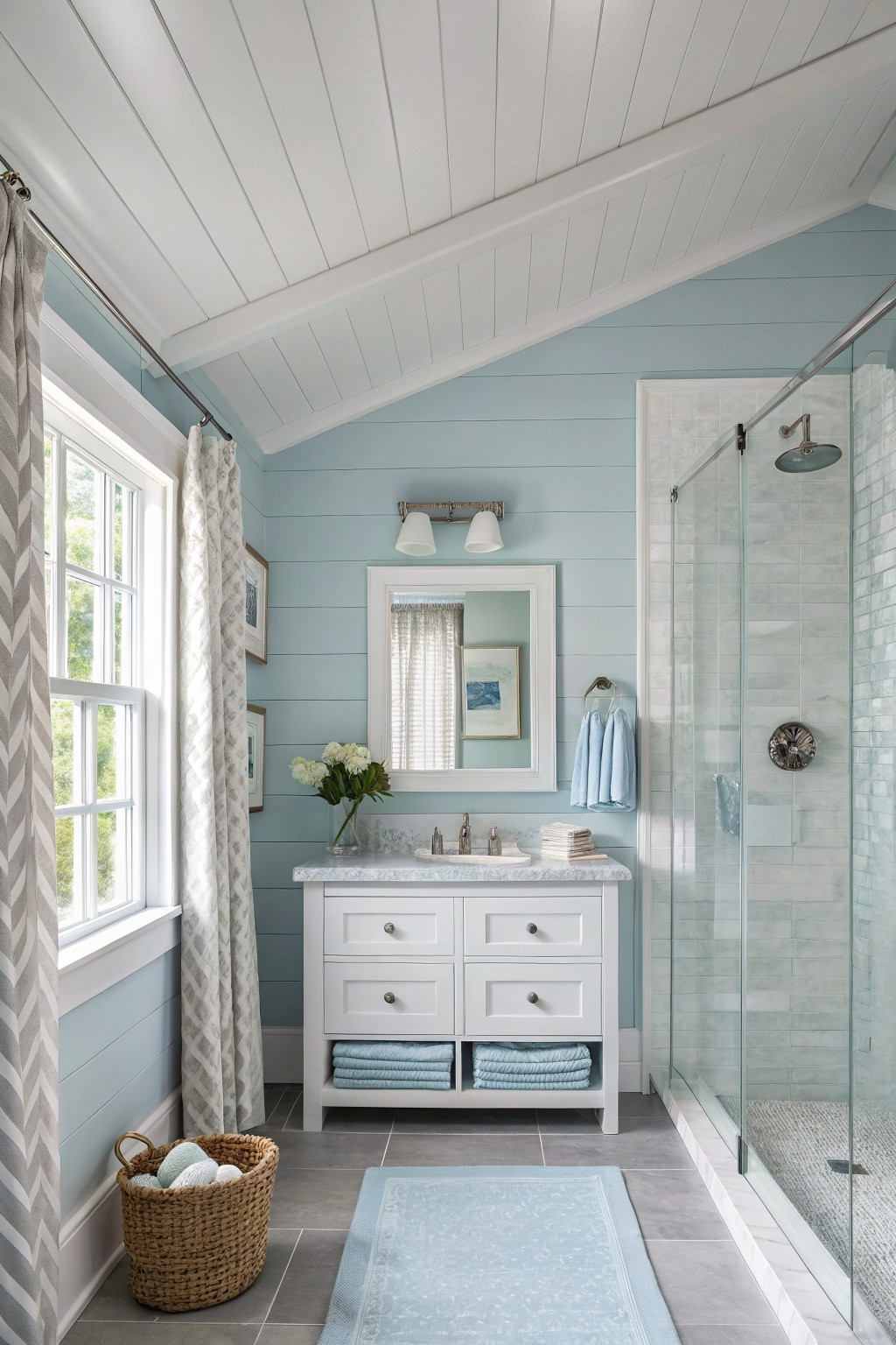 A bathroom with soft blue walls and white trim.