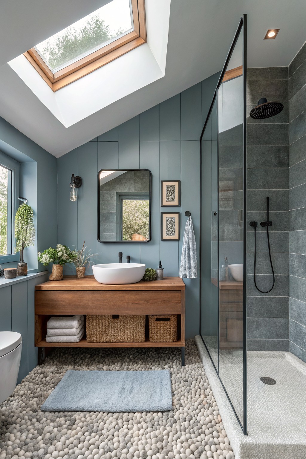 Modern bathroom with blue walls, wooden vanity, white vessel sink, glass shower, pebble floor